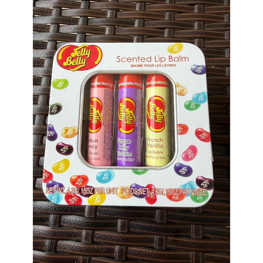 Jelly Belly Scented Lip Balm Tin Set 3pk Cotton‎ Candy Grape French Vanilla 2008